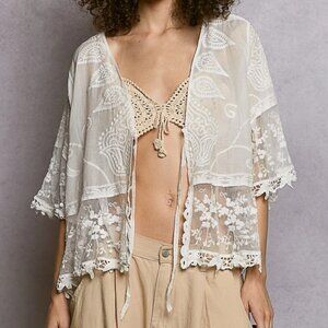 POL 1/2 Sleeve Lace Ruffle Trim Opening Solid Crochet Cardigan O/S -WHITE